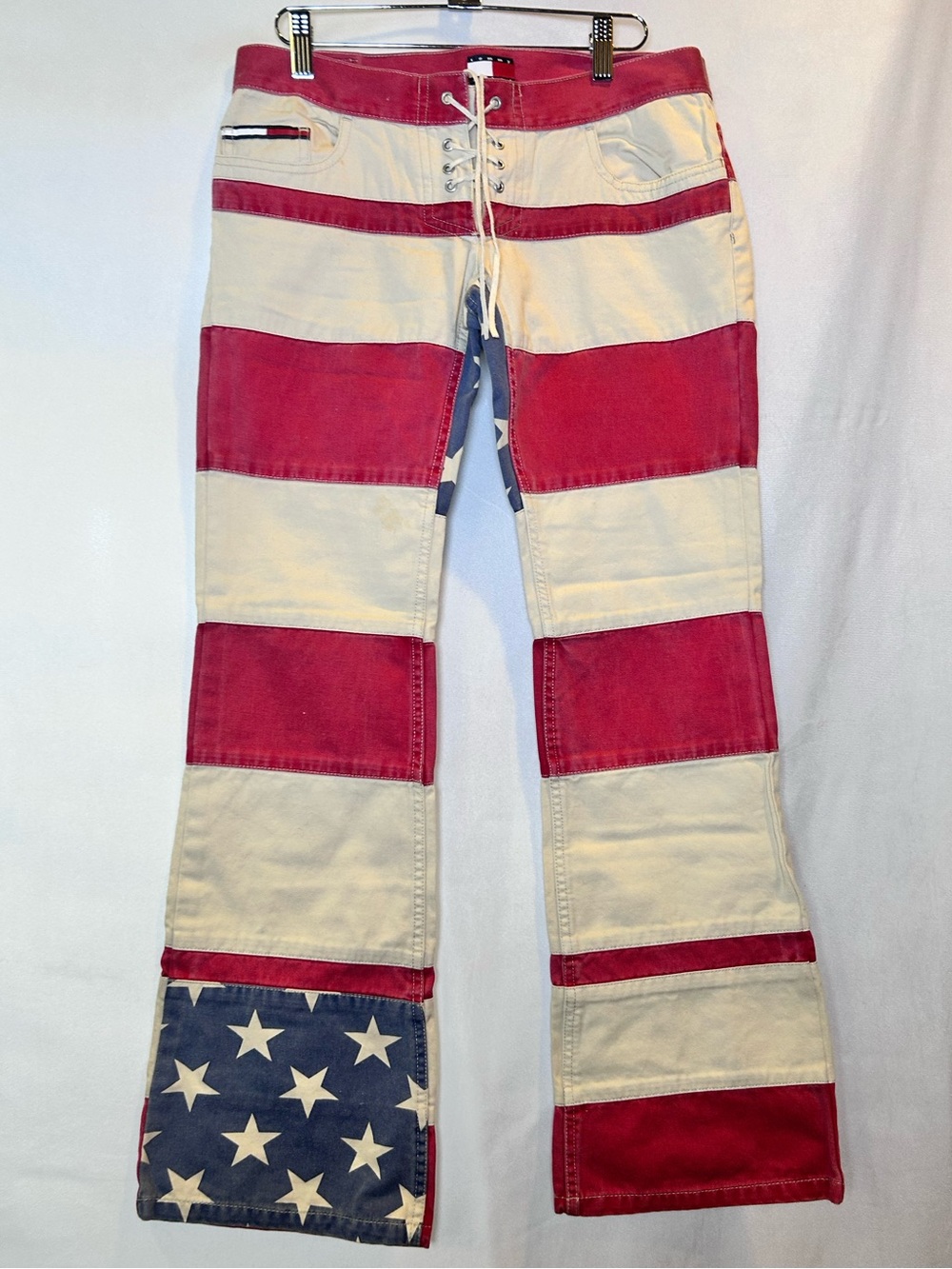 Tommy Jeans USA Flag Patchwork Lace-Up Pants Size 5 Vintage Y2K Red White Blue.